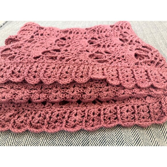 Handmade Mauve Crochet Throw Blanket - Floral Lace Design - Scalloped Edges - Co - Picture 2 of 7
